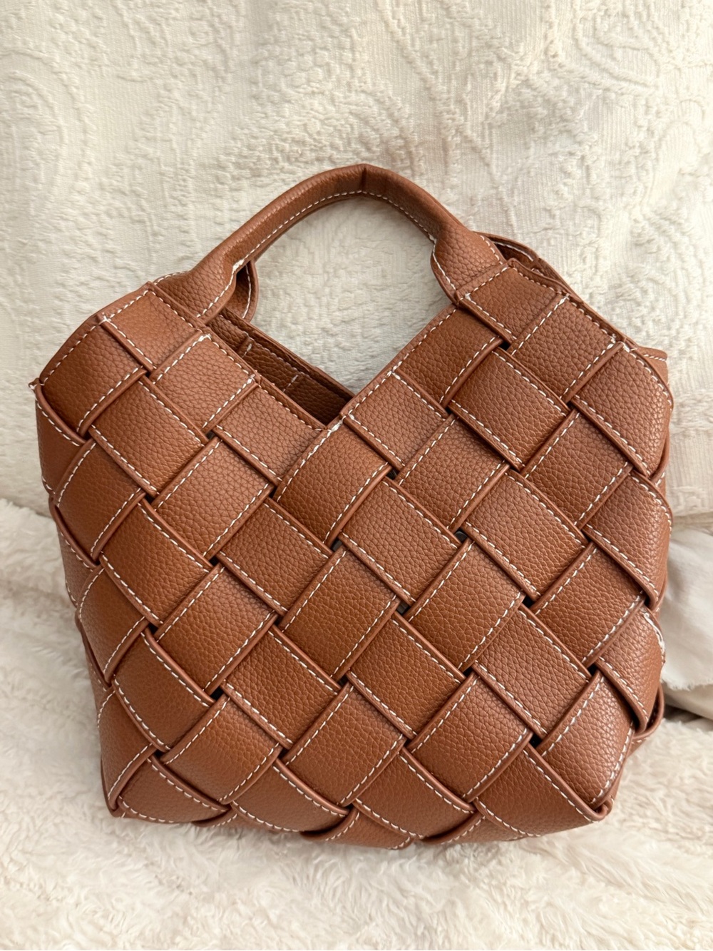 New Brown Woven Faux Leather Mini Tote Handbag with Chain Stap